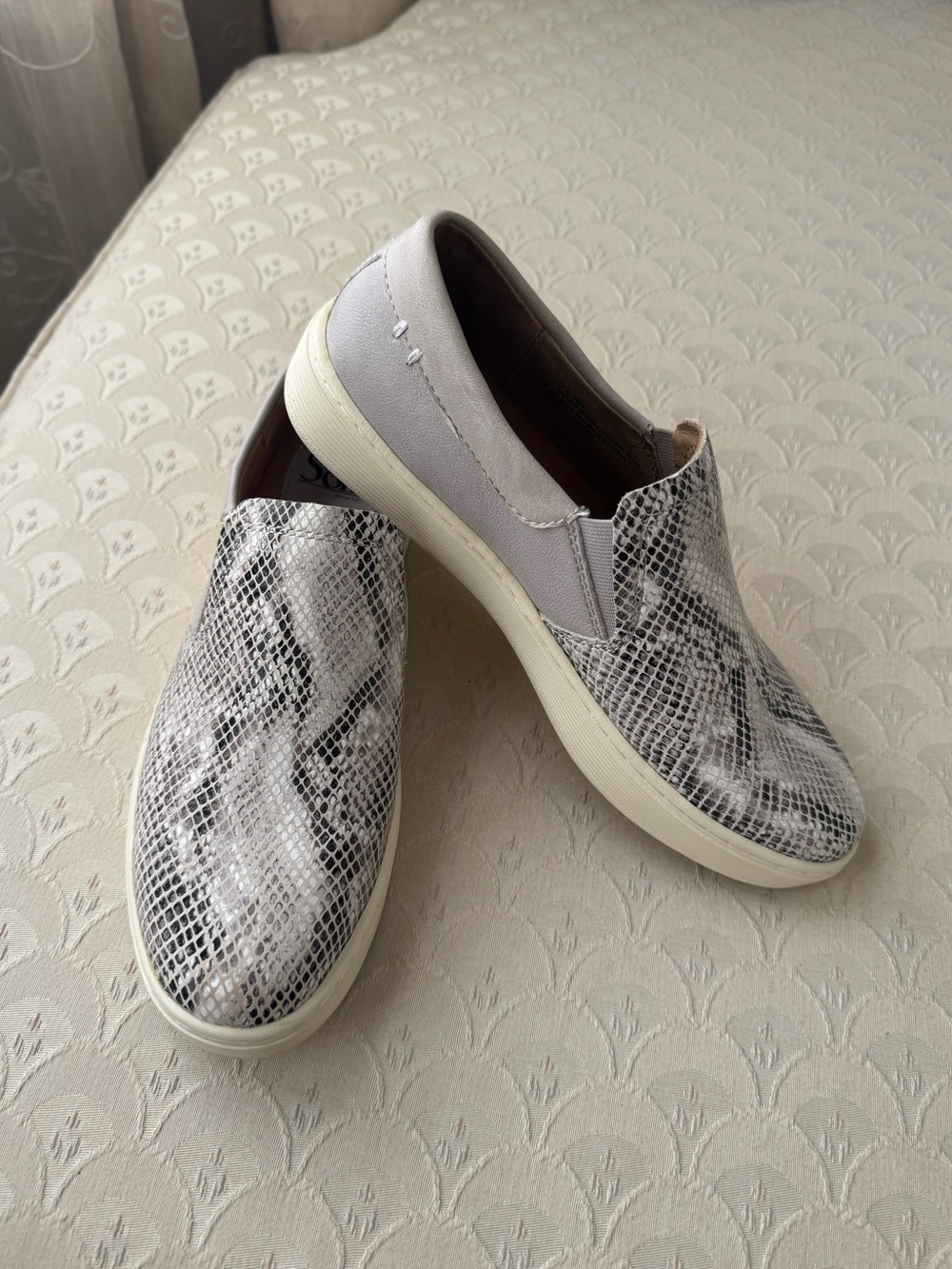 Sofft Khela Slip-On Sneakers in White, Gray and Black Snake Print